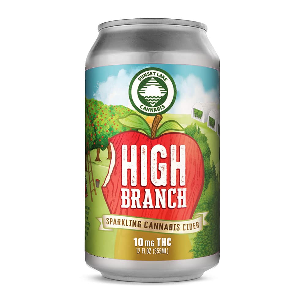 Image of Sunset Lake Cannabis High Branch Sparkling Cannabis Cider. This cannabis drink combines Vermont apples with sungrown Vermont cannabis. THC drinks are gaining popularity in the non-alcoholic beverage category.